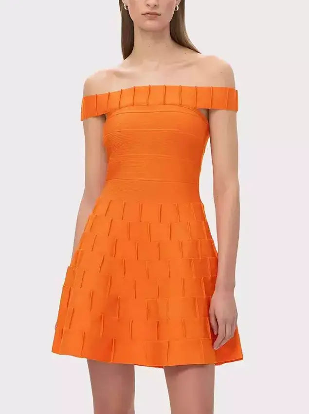 Off-Shoulder Orange Fit and Flare Mini Dress - Dresses