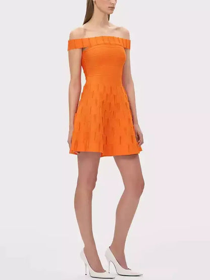 Off-Shoulder Orange Fit and Flare Mini Dress - Dresses