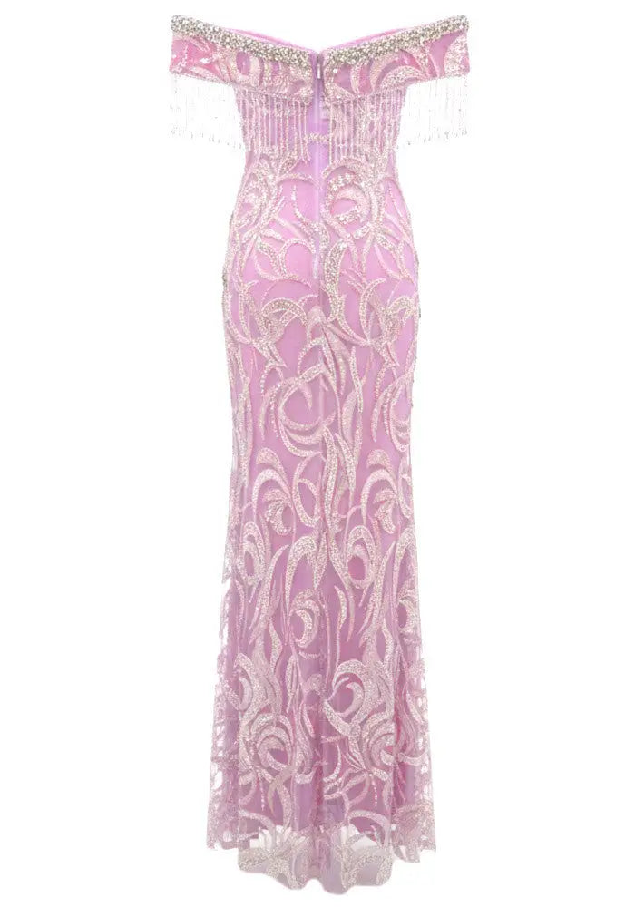 Off-Shoulder Pink Crystal-Embroidered Gown with Fringe Sleeves - Dresses