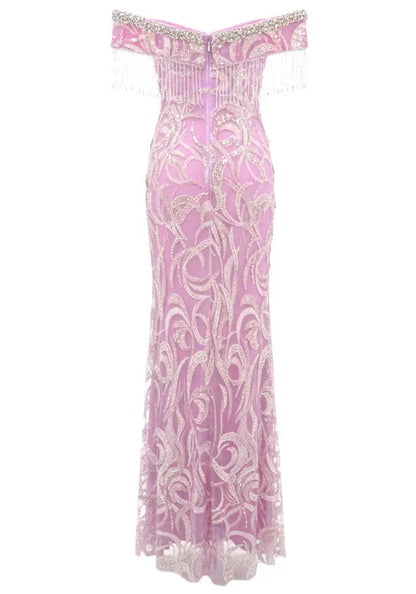 Off-Shoulder Pink Crystal-Embroidered Gown with Fringe Sleeves - Dresses