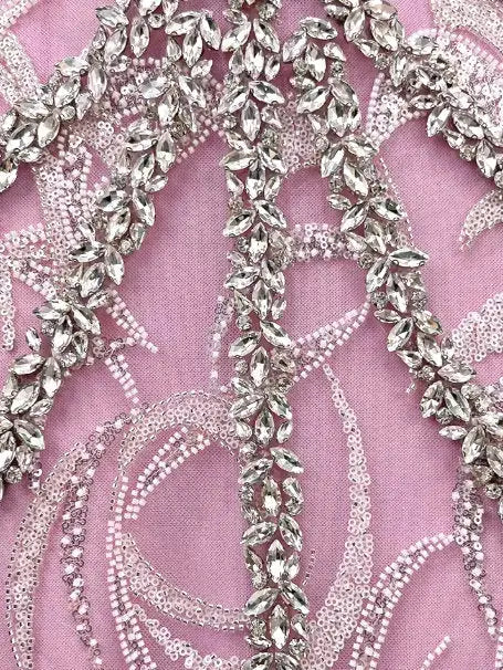 Off-Shoulder Pink Crystal-Embroidered Gown with Fringe Sleeves - Dresses