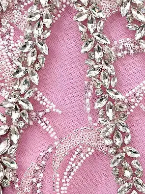 Off-Shoulder Pink Crystal-Embroidered Gown with Fringe Sleeves - Dresses