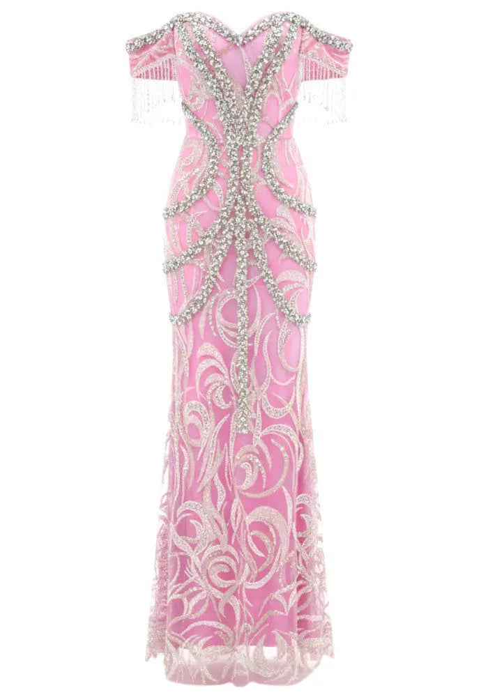 Off-Shoulder Pink Crystal-Embroidered Gown with Fringe Sleeves - Dresses