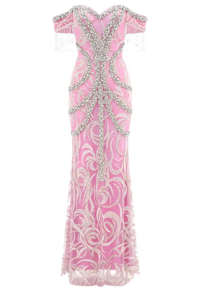 Off-Shoulder Pink Crystal-Embroidered Gown with Fringe Sleeves - Dresses
