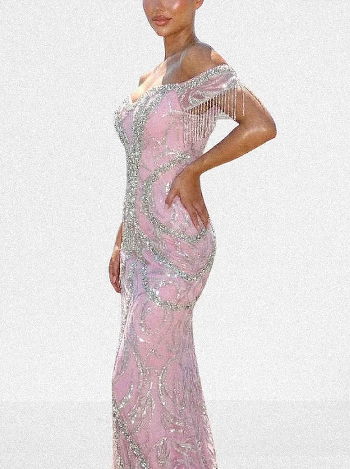 Off-Shoulder Pink Crystal-Embroidered Gown with Fringe Sleeves - Dresses