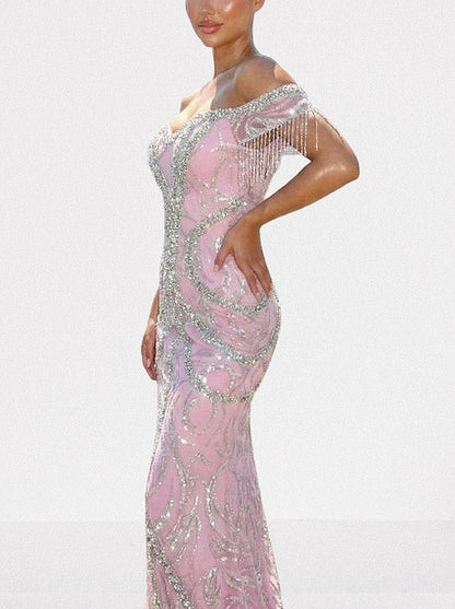 Off-Shoulder Pink Crystal-Embroidered Gown with Fringe Sleeves - Dresses