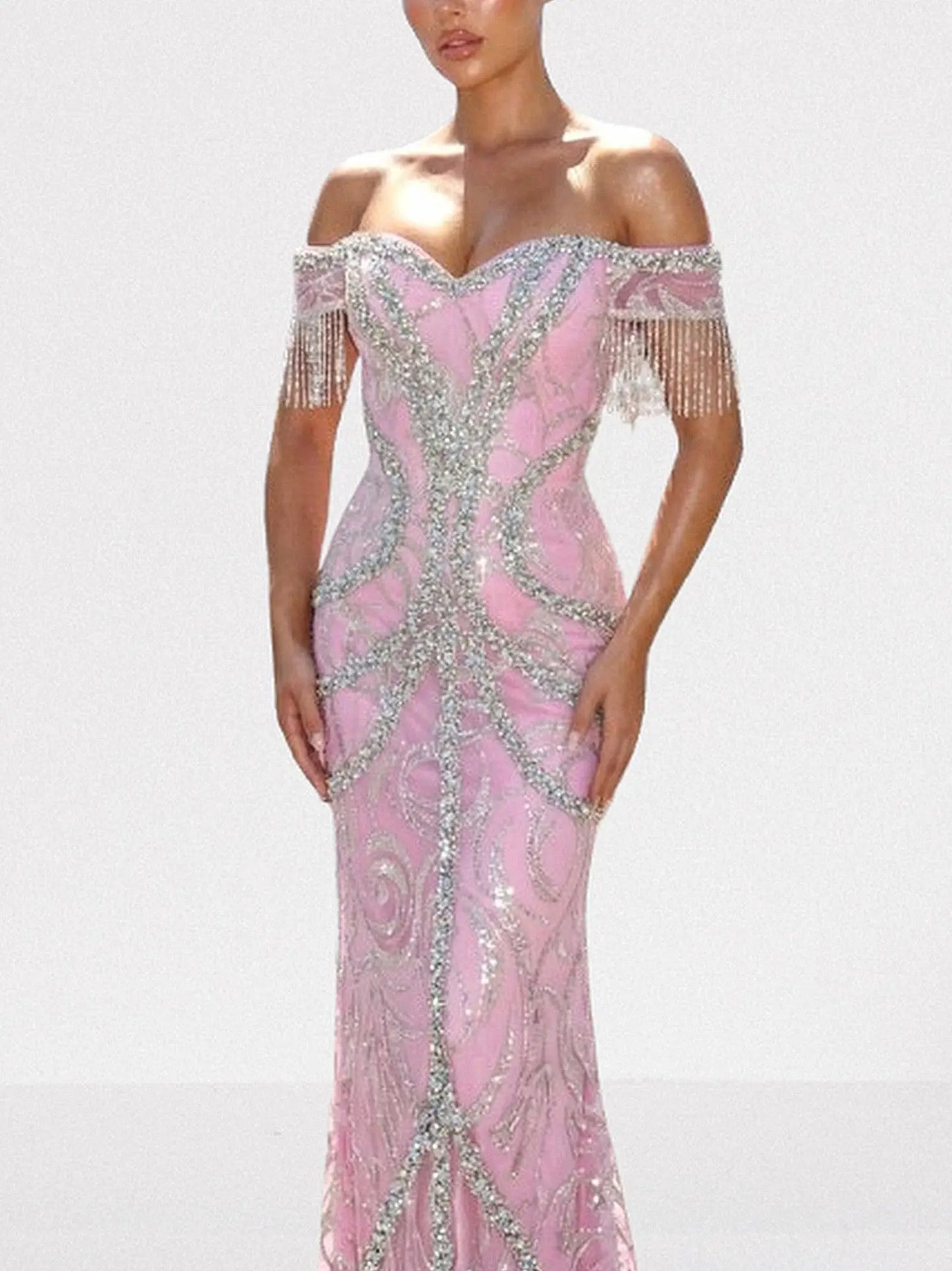 Off-Shoulder Pink Crystal-Embroidered Gown with Fringe Sleeves - Dresses