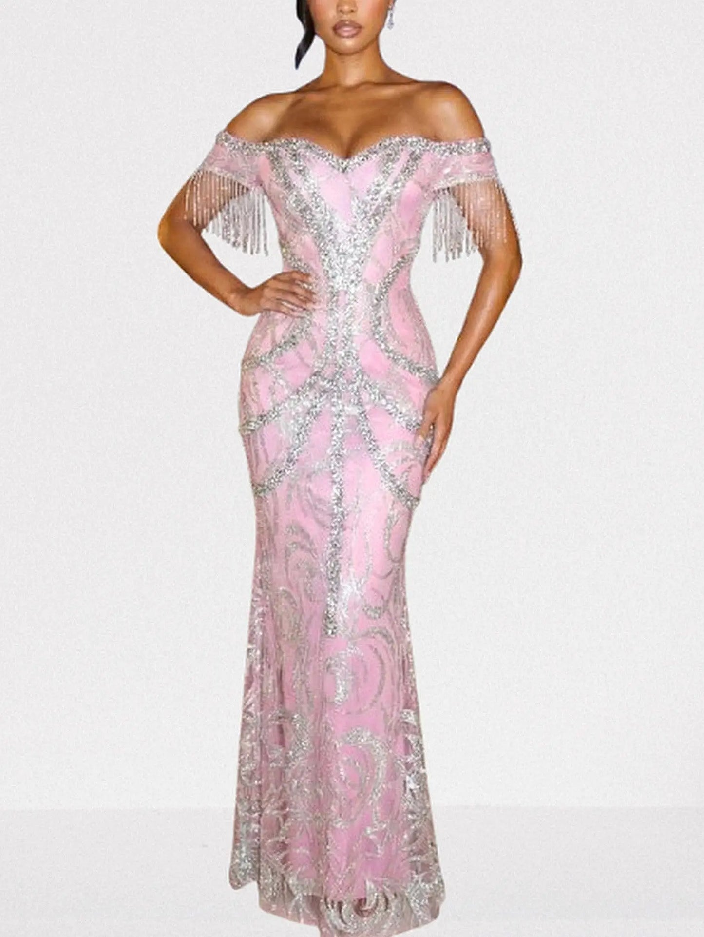 Off-Shoulder Pink Crystal-Embroidered Gown with Fringe Sleeves - Dresses
