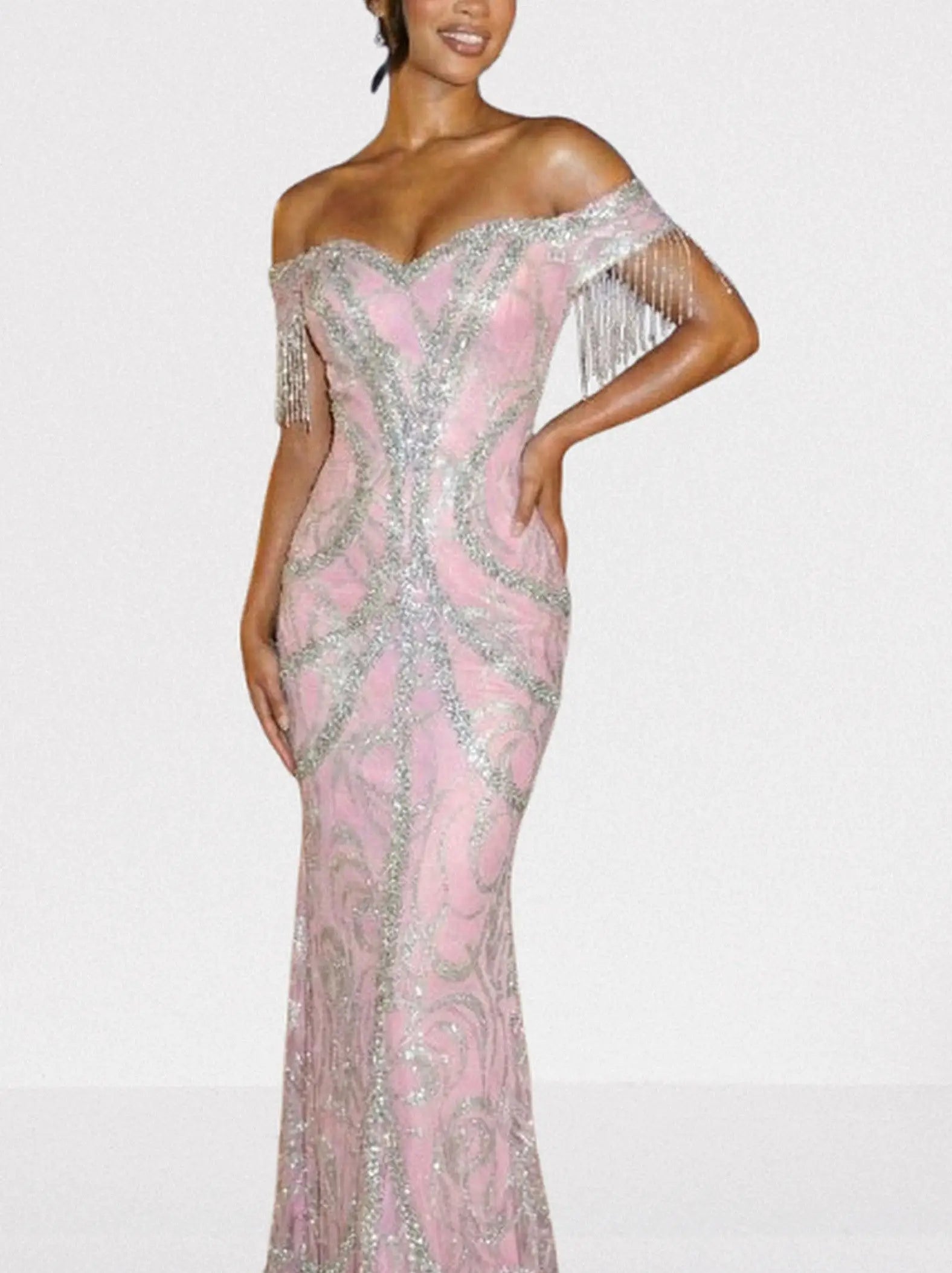 Off-Shoulder Pink Crystal-Embroidered Gown with Fringe Sleeves - Dresses