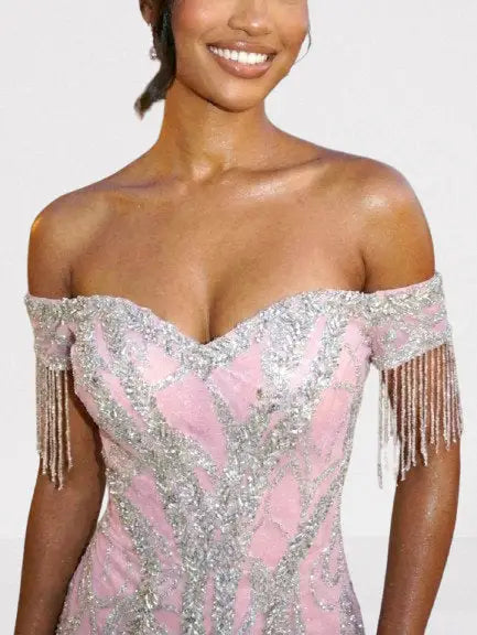 Off-Shoulder Pink Crystal-Embroidered Gown with Fringe Sleeves - Dresses