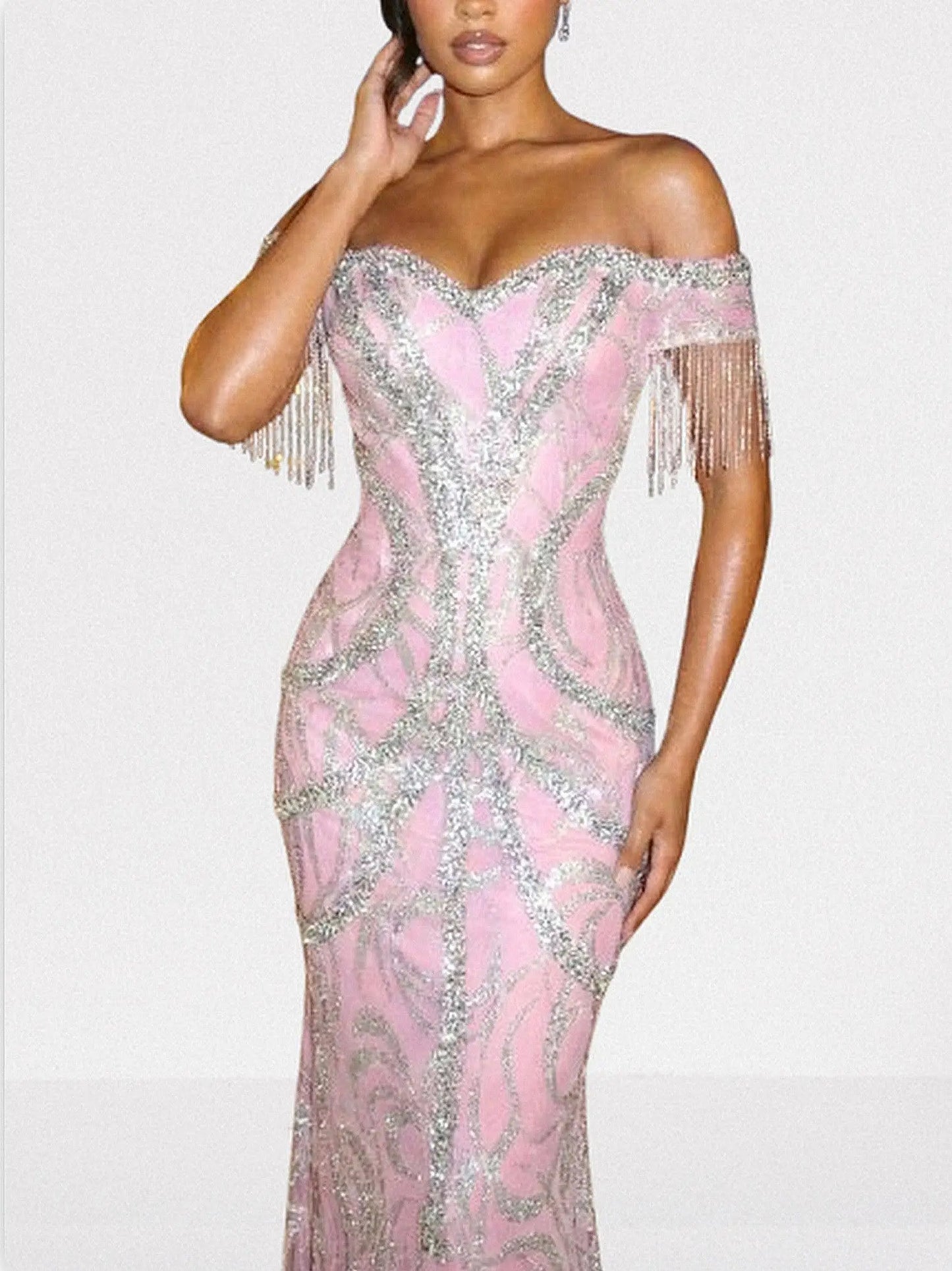 Off-Shoulder Pink Crystal-Embroidered Gown with Fringe Sleeves - Dresses