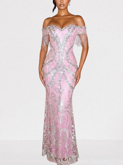 Off-Shoulder Pink Crystal-Embroidered Gown with Fringe Sleeves - Dresses