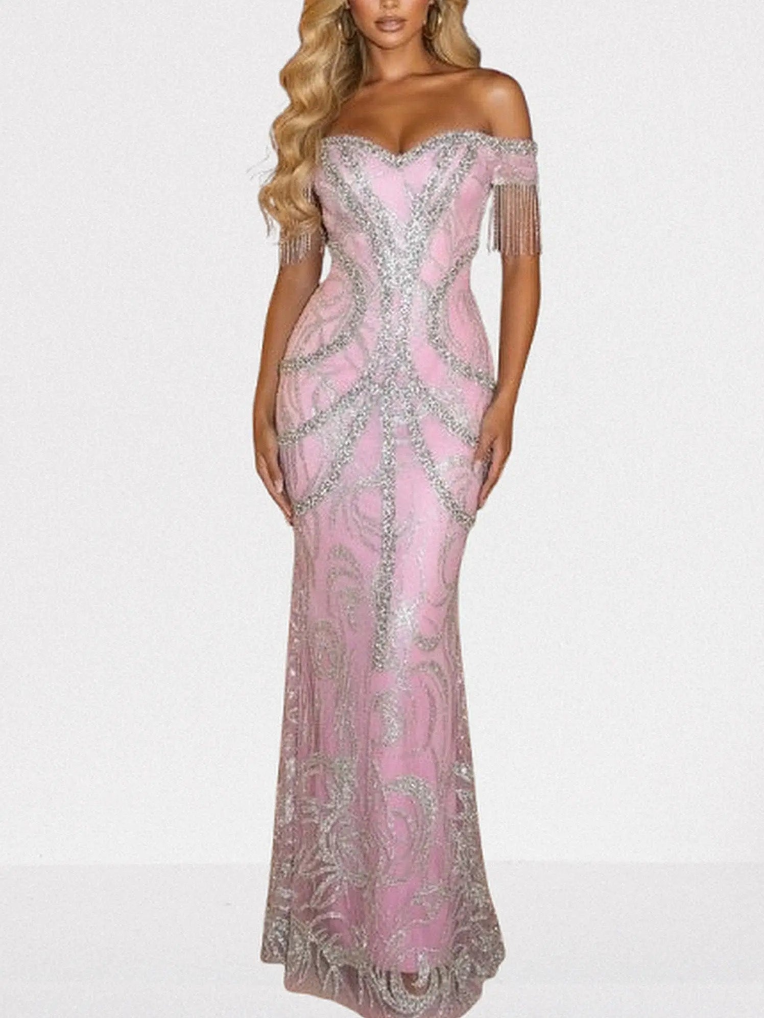 Off-Shoulder Pink Crystal-Embroidered Gown with Fringe Sleeves - Dresses