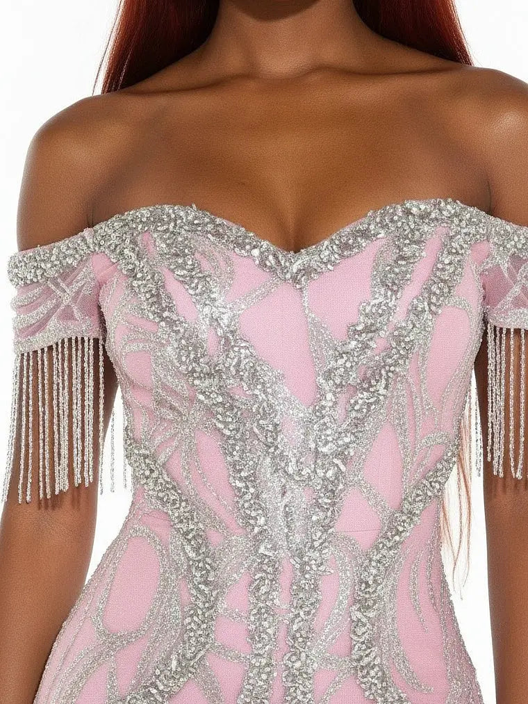 Off-Shoulder Pink Crystal-Embroidered Gown with Fringe Sleeves - Dresses