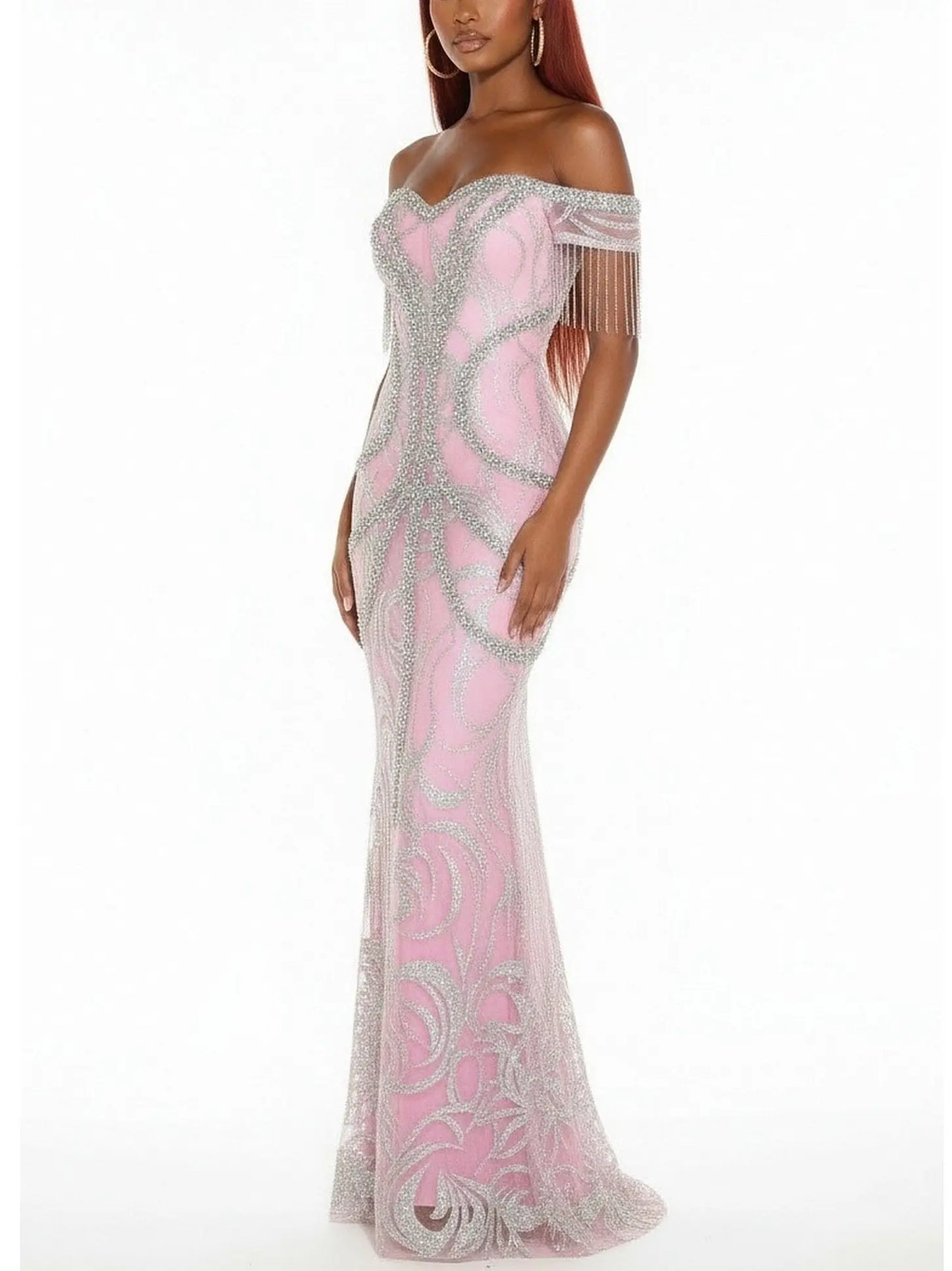 Off-Shoulder Pink Crystal-Embroidered Gown with Fringe Sleeves - Dresses