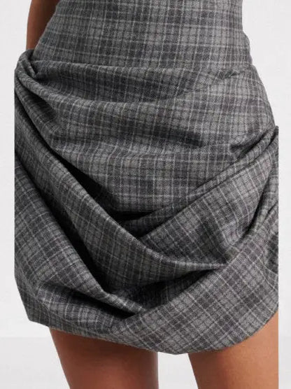 Off-Shoulder Plaid Ruched Mini Dress - Dresses