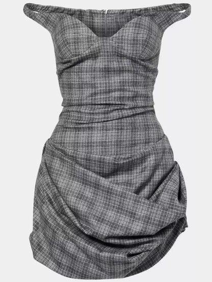 Off-Shoulder Plaid Ruched Mini Dress - Dresses
