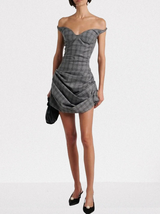 Off-Shoulder Plaid Ruched Mini Dress - Small - Dresses