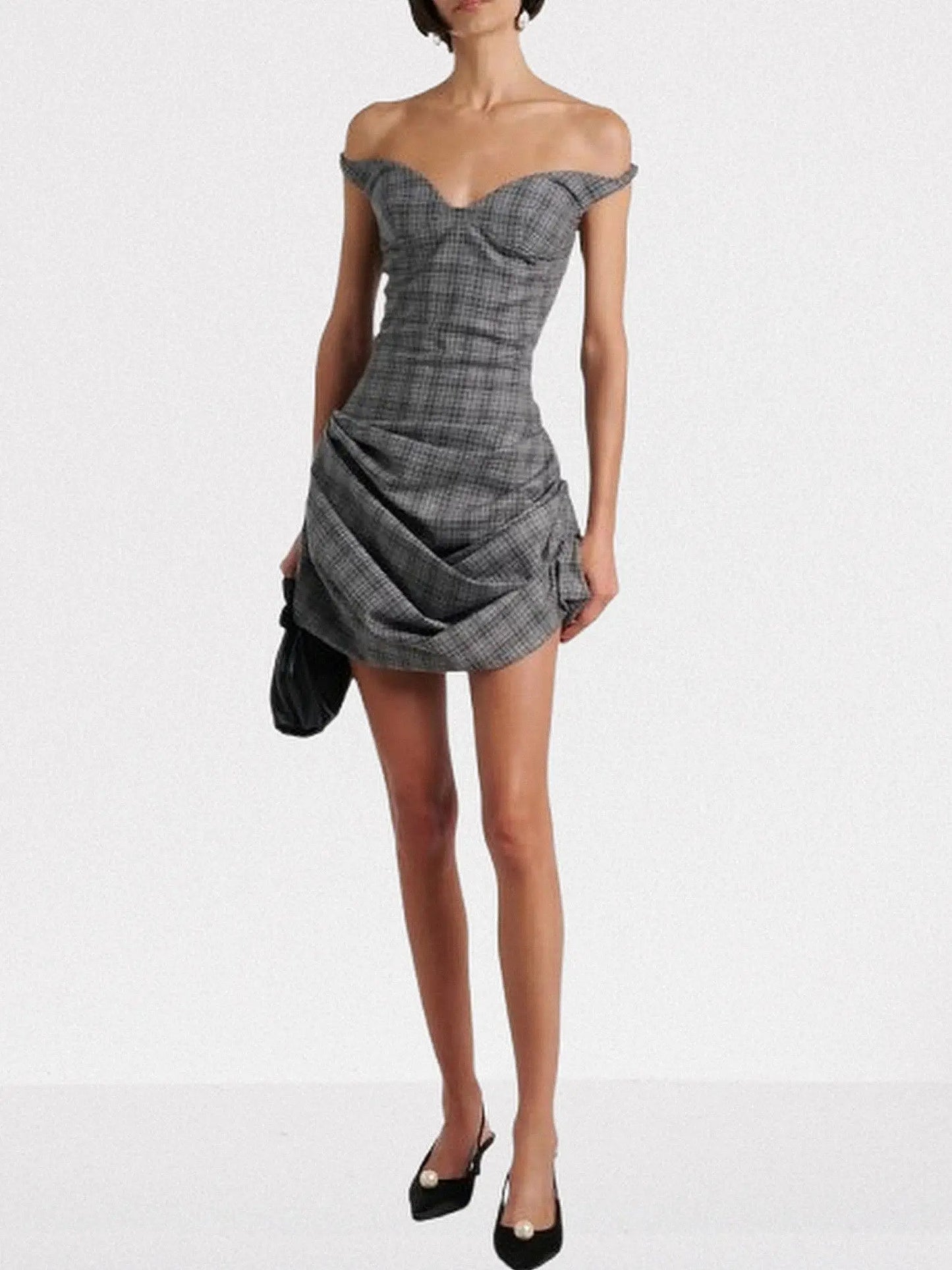 Off-Shoulder Plaid Ruched Mini Dress - Dresses