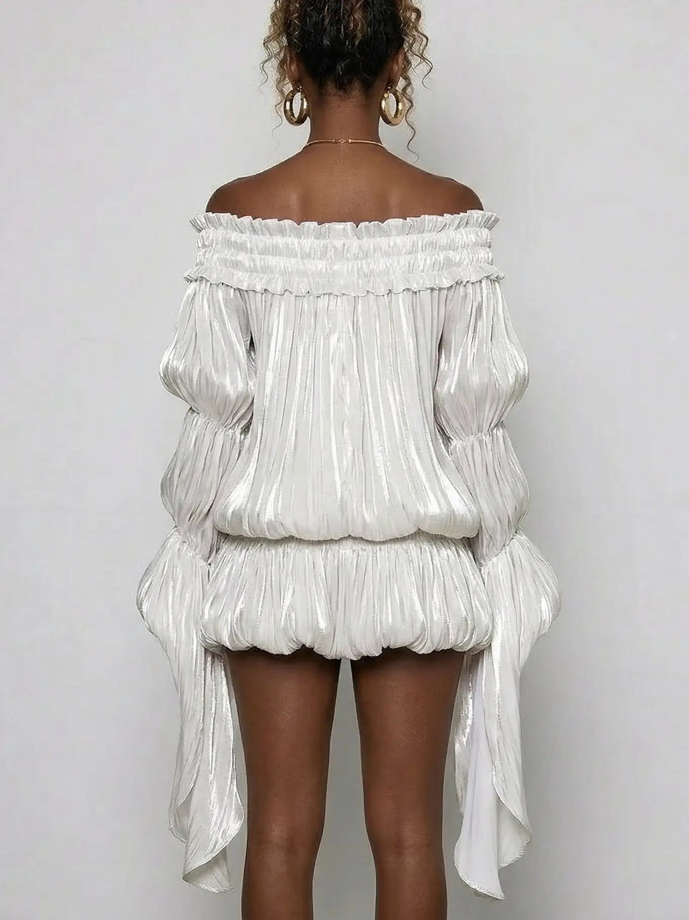Off-Shoulder Pleated Bubble Mini Dress - Dresses