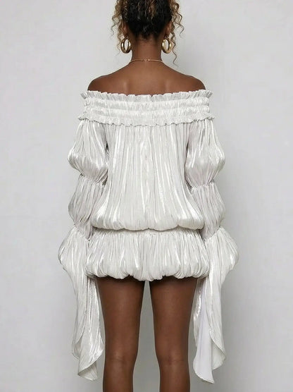 Off-Shoulder Pleated Bubble Mini Dress - Dresses
