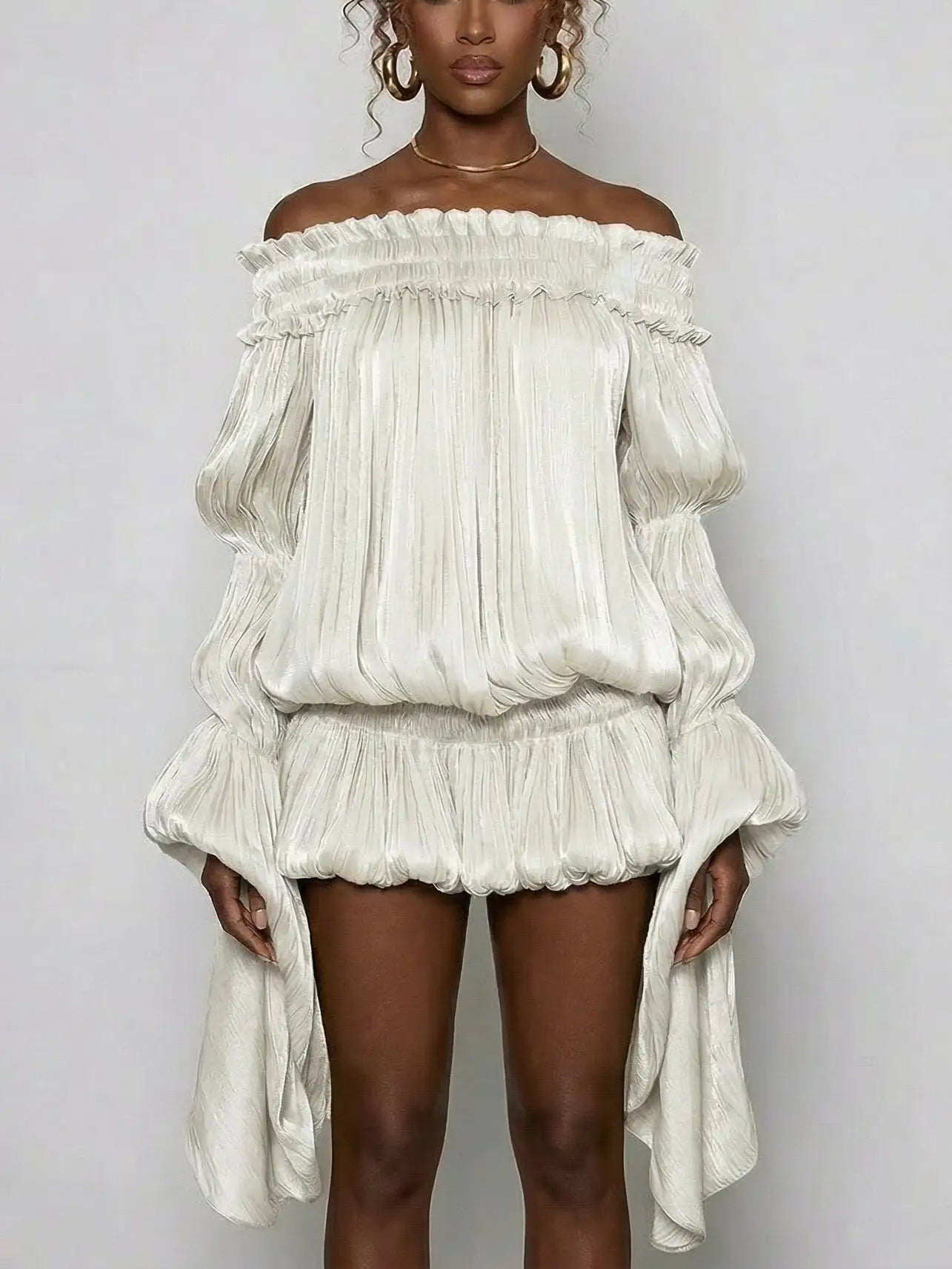Off-Shoulder Pleated Bubble Mini Dress - Dresses
