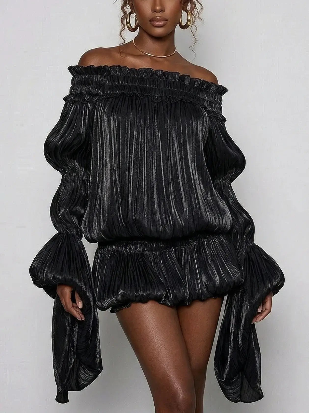 Off-Shoulder Pleated Bubble Mini Dress - Dresses