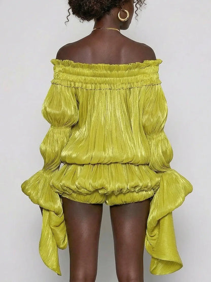Off-Shoulder Pleated Bubble Mini Dress - Dresses