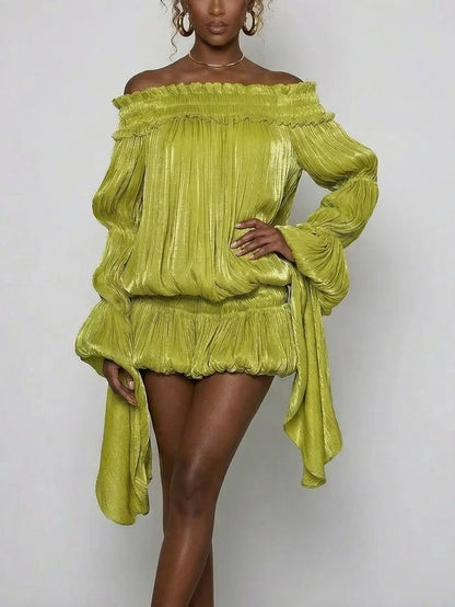 Off-Shoulder Pleated Bubble Mini Dress - Dresses