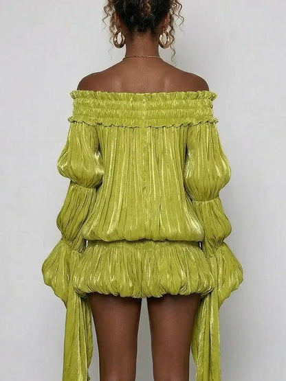 Off-Shoulder Pleated Bubble Mini Dress - Dresses