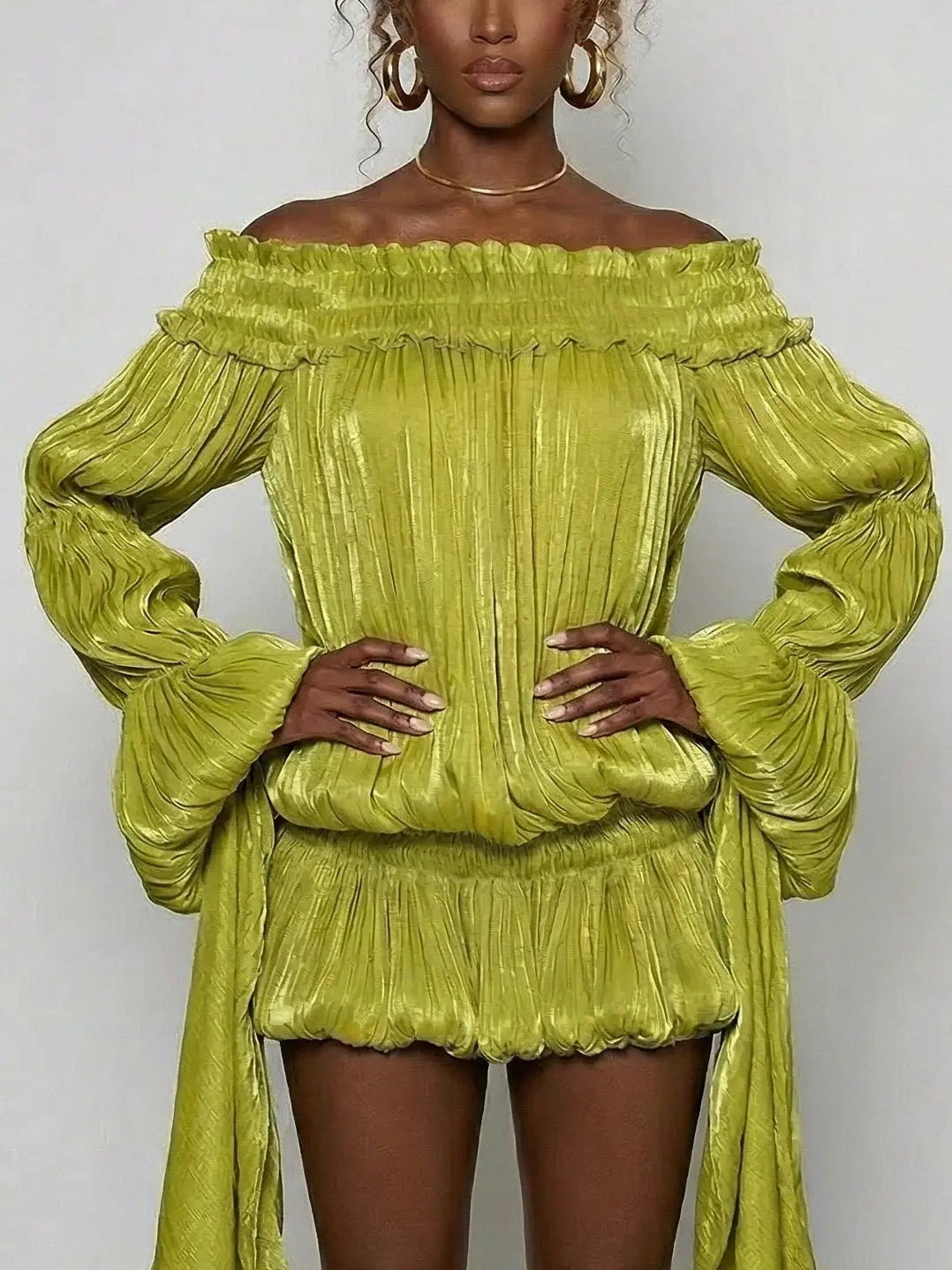 Off-Shoulder Pleated Bubble Mini Dress - Dresses