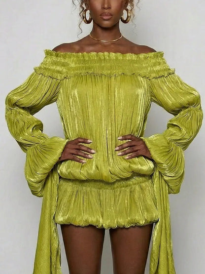 Off-Shoulder Pleated Bubble Mini Dress - Dresses
