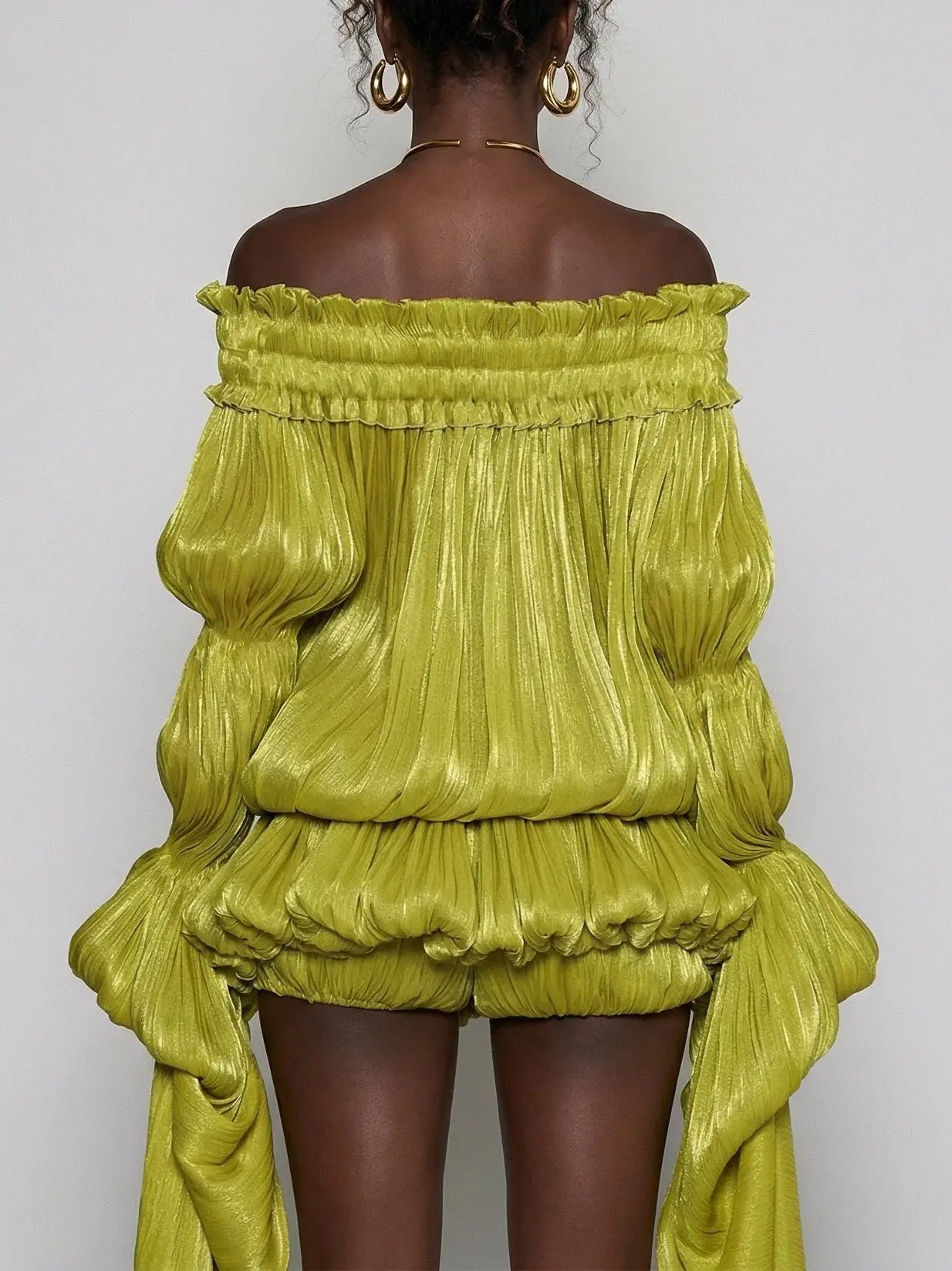 Off-Shoulder Pleated Bubble Mini Dress - Dresses