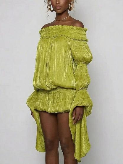 Off-Shoulder Pleated Bubble Mini Dress - Dresses