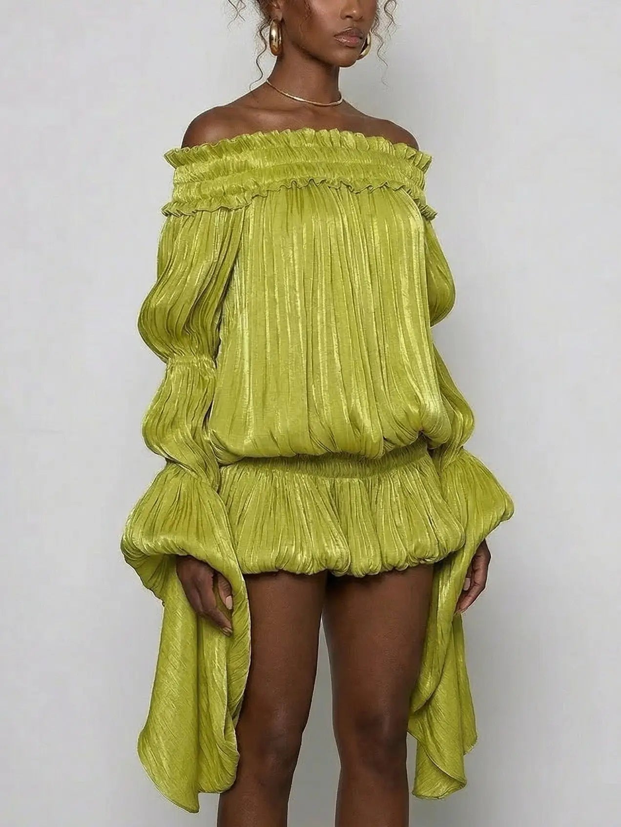 Off-Shoulder Pleated Bubble Mini Dress - Dresses