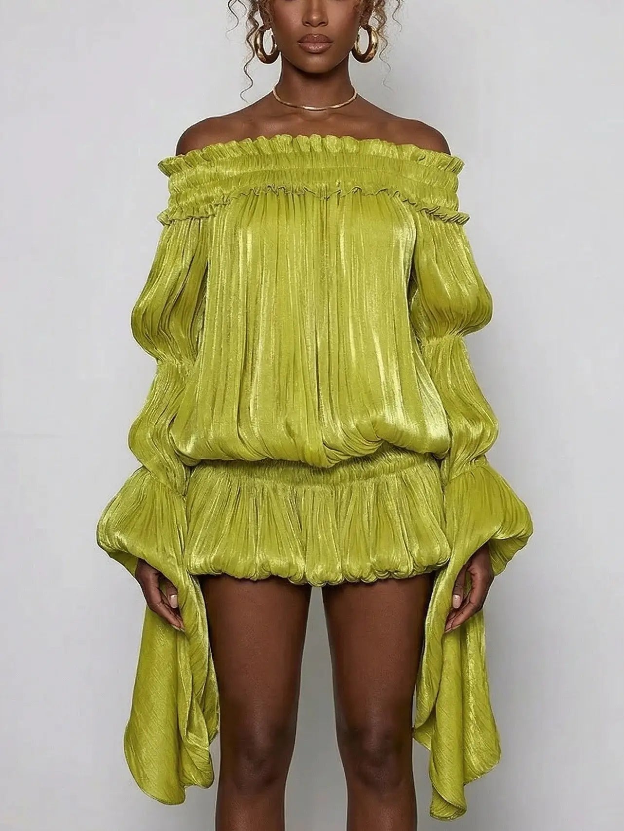 Off-Shoulder Pleated Bubble Mini Dress - Dresses