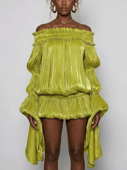 Off-Shoulder Pleated Bubble Mini Dress - Dresses