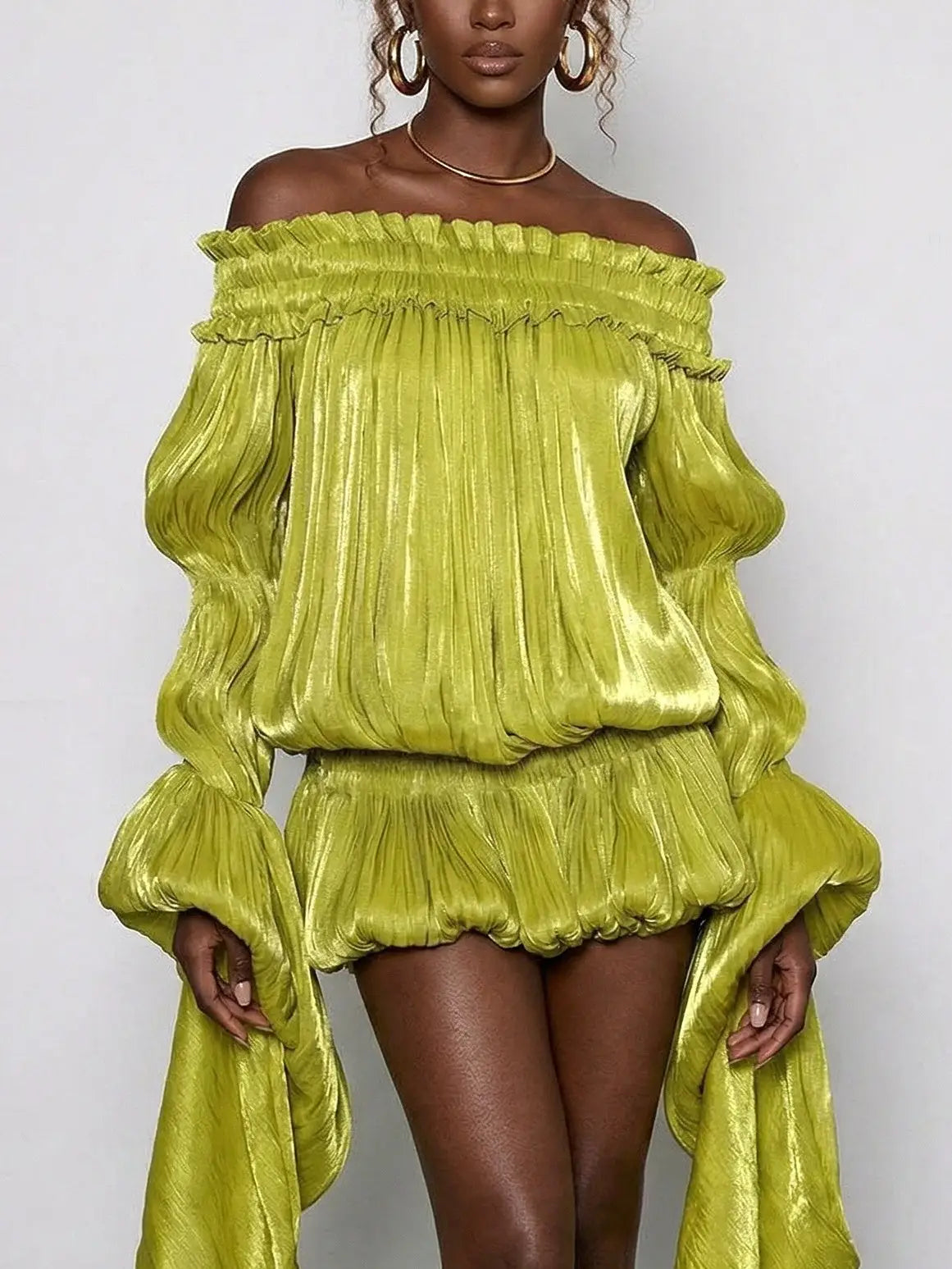 Off-Shoulder Pleated Bubble Mini Dress - Dresses