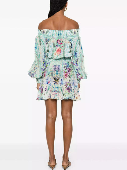 Off-Shoulder Printed Blouson Shirred Mini Dress - Dresses