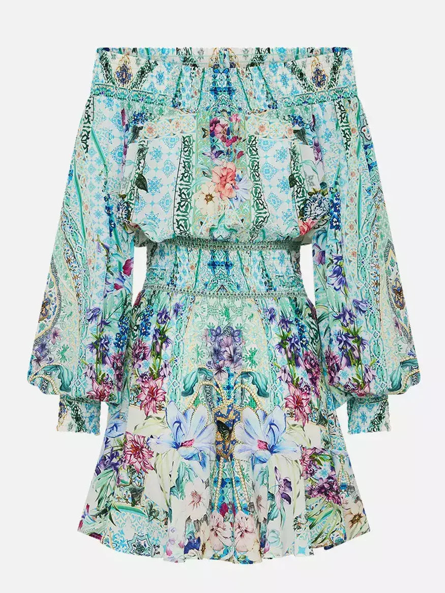 Off-Shoulder Printed Blouson Shirred Mini Dress - Dresses