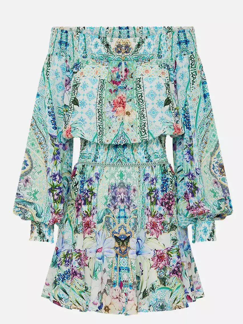 Off-Shoulder Printed Blouson Shirred Mini Dress - Dresses