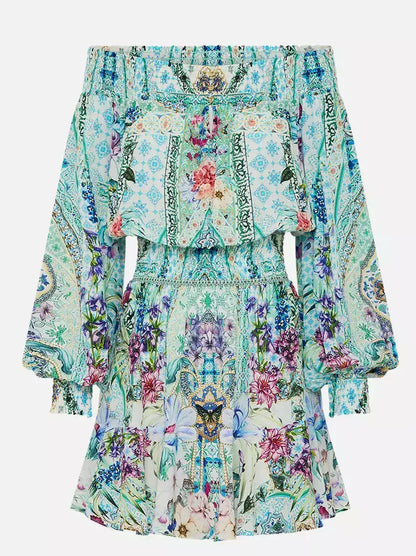 Off-Shoulder Printed Blouson Shirred Mini Dress - Dresses