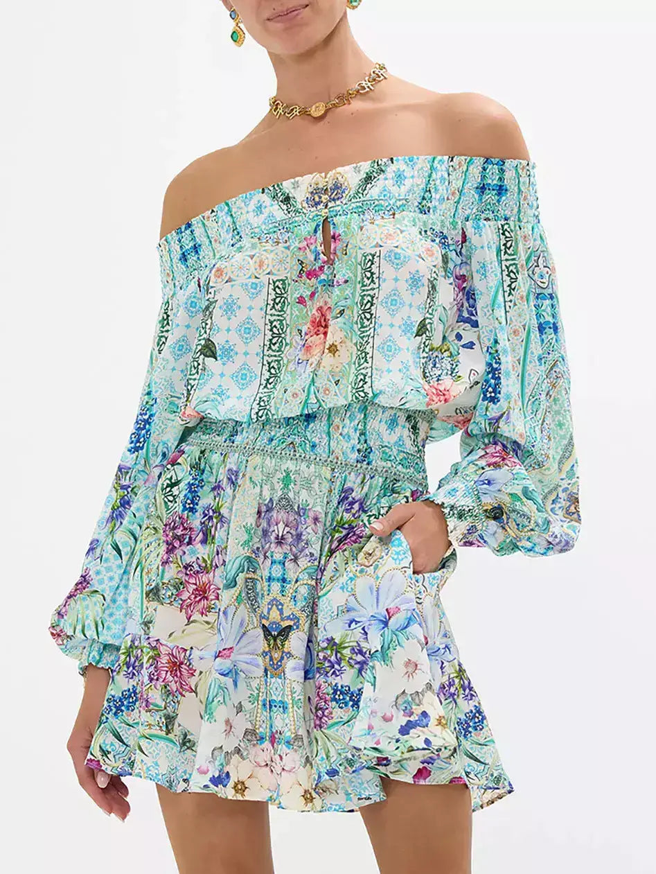 Off-Shoulder Printed Blouson Shirred Mini Dress - Dresses
