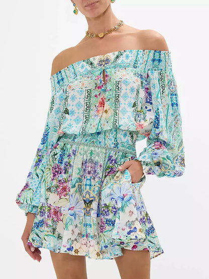Off-Shoulder Printed Blouson Shirred Mini Dress - Dresses