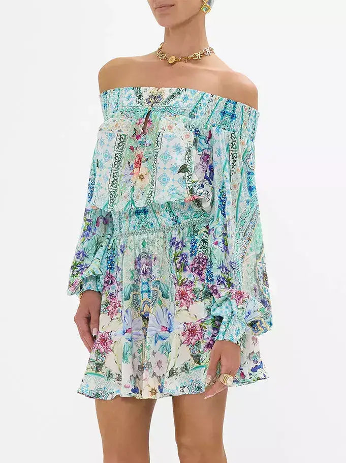 Off-Shoulder Printed Blouson Shirred Mini Dress - Dresses