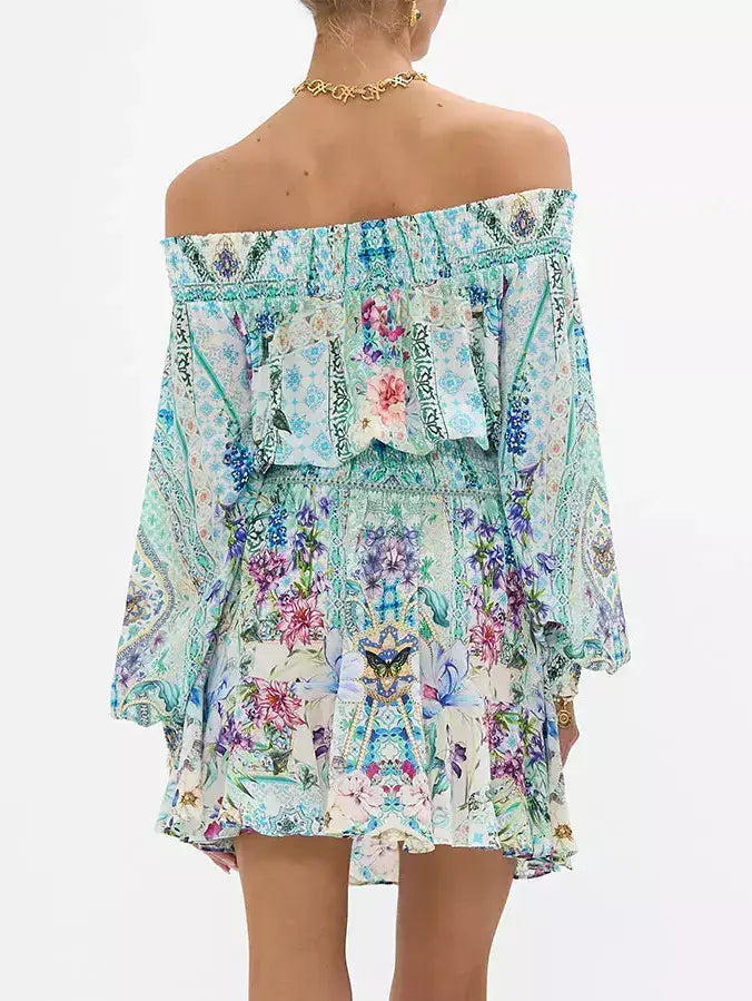 Off-Shoulder Printed Blouson Shirred Mini Dress - Dresses