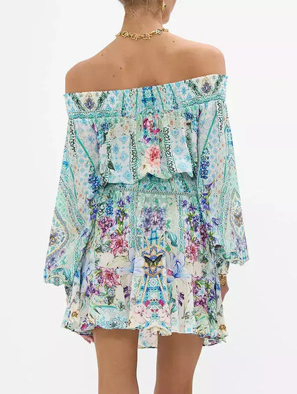 Off-Shoulder Printed Blouson Shirred Mini Dress - Dresses