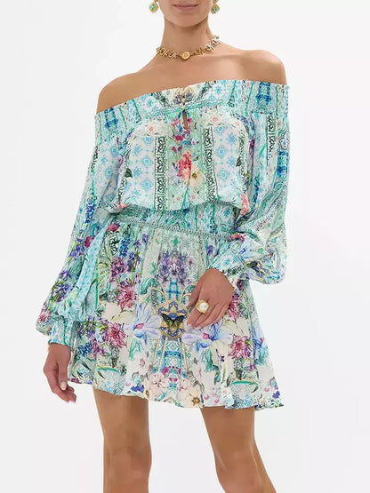 Off-Shoulder Printed Blouson Shirred Mini Dress - Dresses