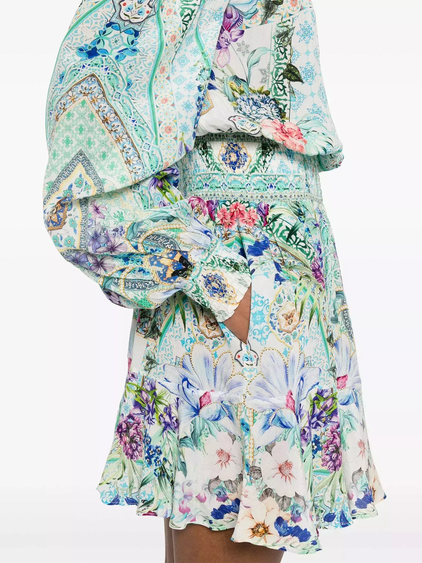 Off-Shoulder Printed Blouson Shirred Mini Dress - Dresses