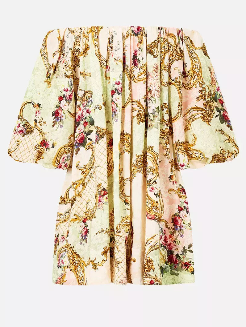 Off-Shoulder Puff-Sleeve Dress in Framed Floral Print - Dresses